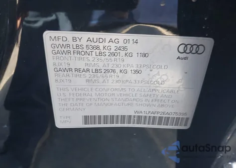 2014 Audi Q5 2.0T Premium from USA, damaged, VIN WA1LFAFP2EA075395